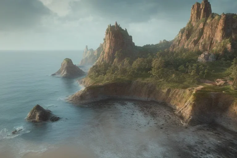 low angle shot of a Craggy cliffside overlooking a sandy beach, fantasy, day time, light,mystical, tower in the horizon