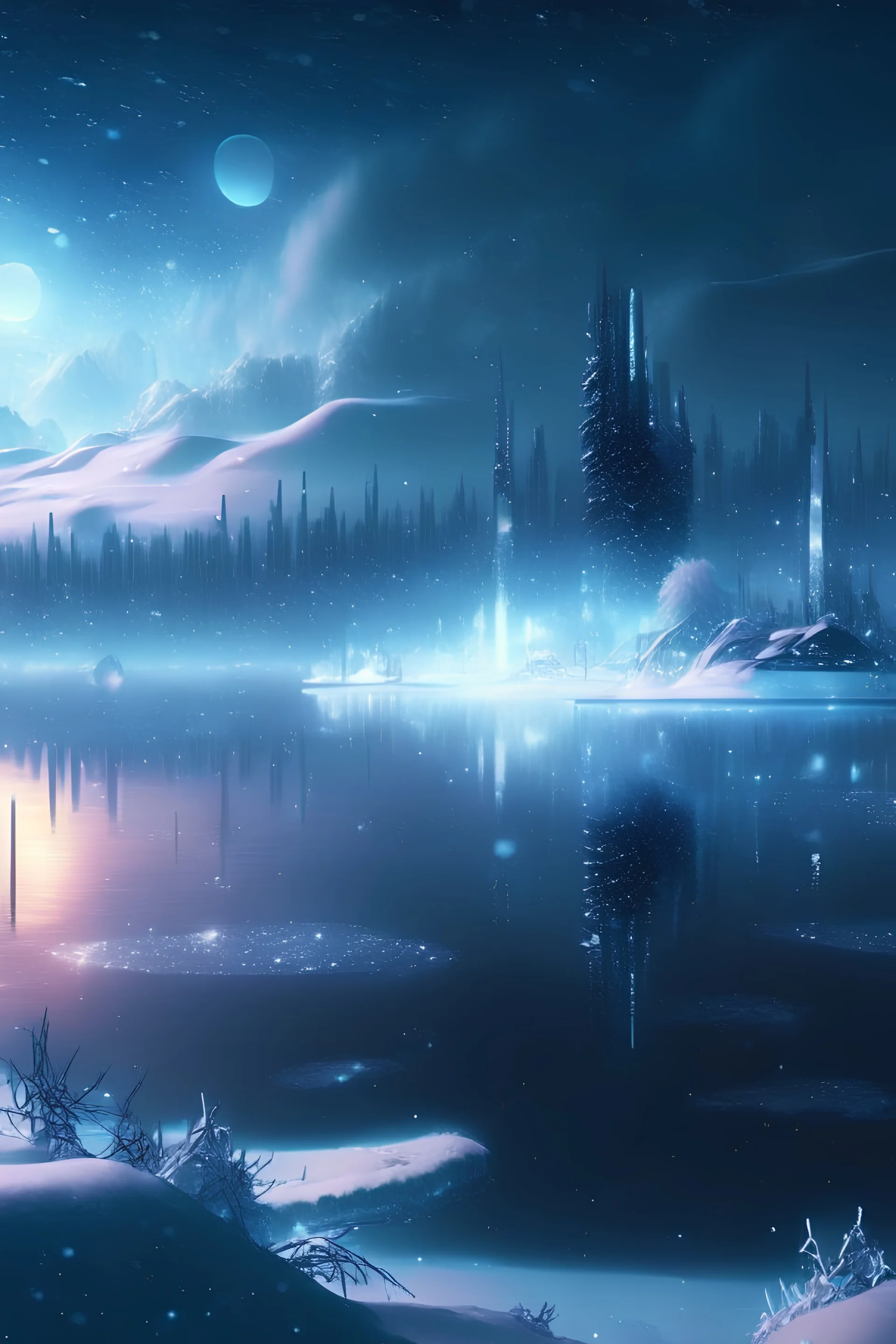 winter, fluffy snow, beautiful, frozen lake, lights from a futuristic city in the distance, fantasy world, 4k