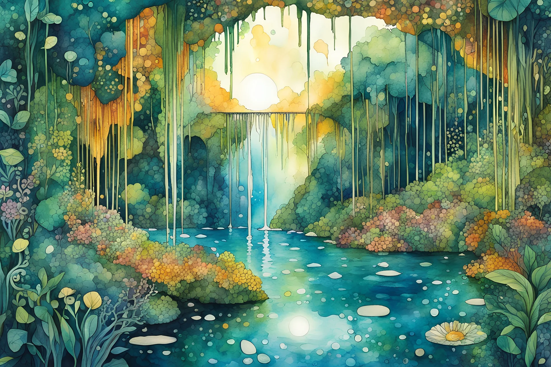 random watercolor Zentangle patterns in the styles of Gustav Klimt ,Wassily Kandinsky, Alphonse Mucha, and Kay Nielsen that depicts a lush cenote grotto in the Yucatan , its sparkling waters reflect the morning sun, with fine ink outlining