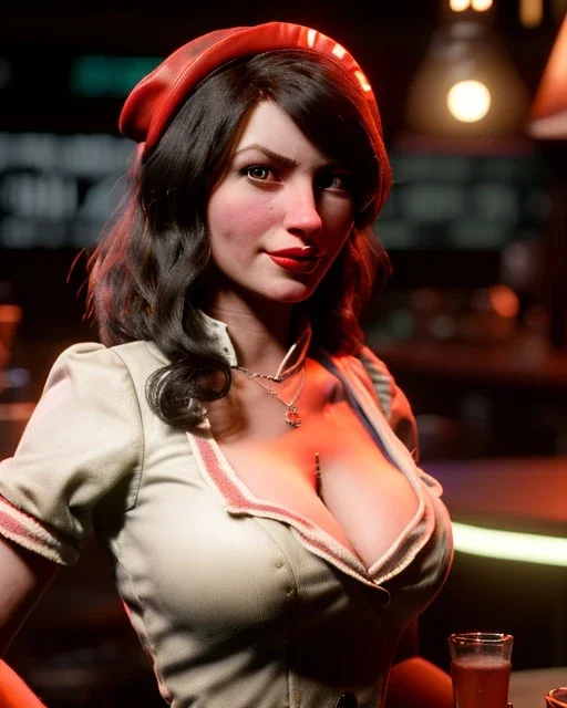 waitress woman with muppet mask that covers her entire head, concept art, retro style, smooth, unreal engine 5, god lights, ray tracing, RTX, lumen lighting, ultra detail, volumetric lighting, 3d.