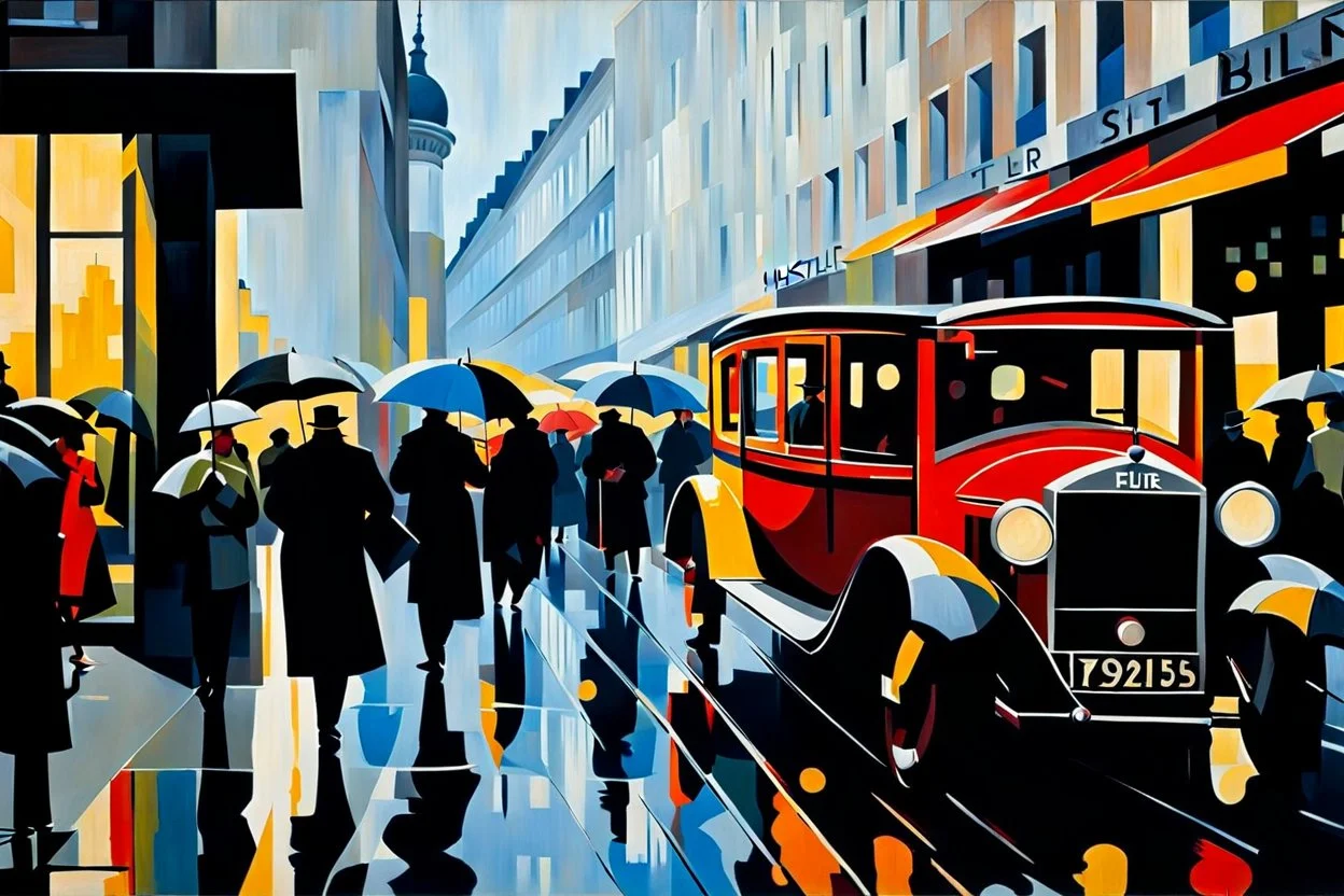 hustle and bustle in rain in Berlin 1925; impasto painting in Bauhaus style, cinematic, dramatic, dynamic, ((great verticals)), ((great parallels)), amazing reflections, excellent shadows, perfect translucency, sharp shadows, (wild contrasts), (vivid bold colors)