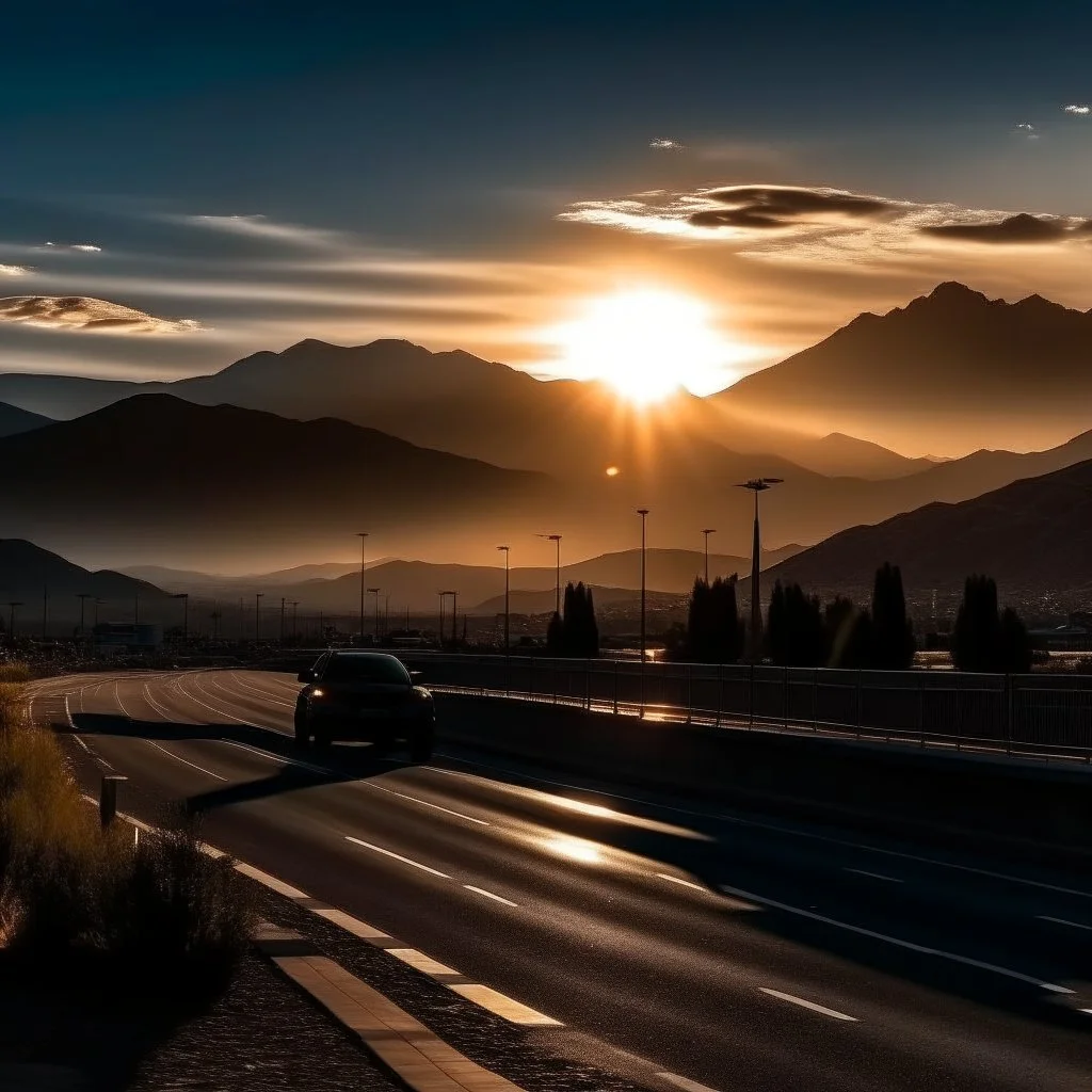 night time, a car driving from a city to the mountains, the sun rising in the distance, photo quality