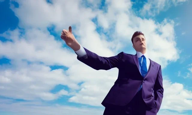 man in suit, view from ground, huge wind blowing over suit, epic pose, vaporwave