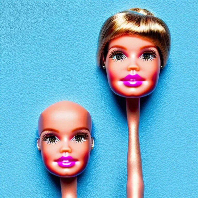 Foto realista. Una Cabeza de muñeca barbie decapitada sin cuerpo. Foto de estudio. Pared de fondo. Colores vibrantes. Gran angular. Simetría. Ultra hd.