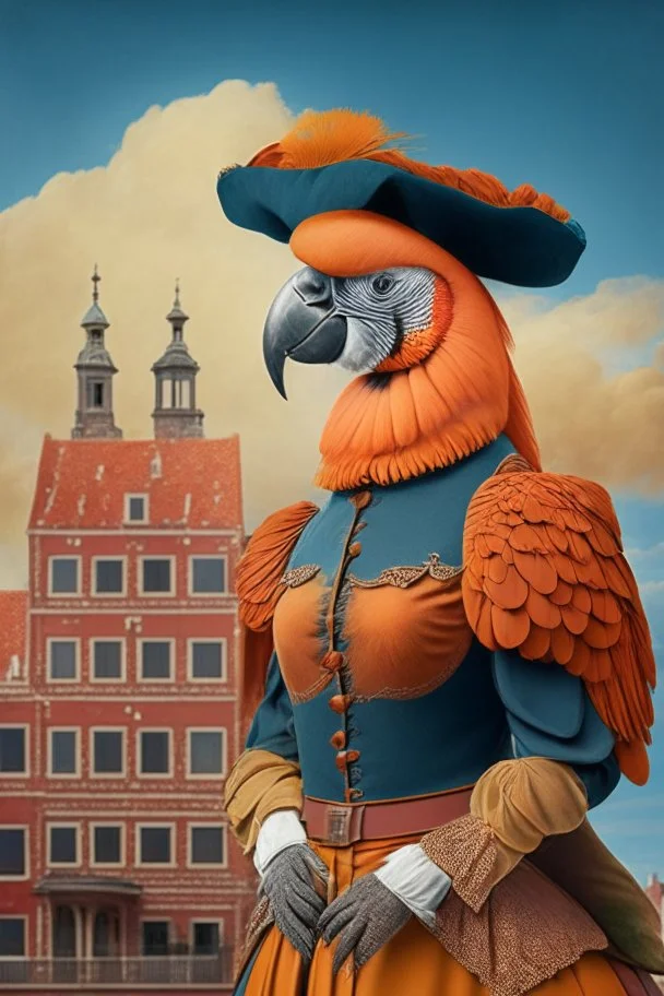 Female Half parrot half human in a old 1700s orange Dutch uniform in front of a Dutch city