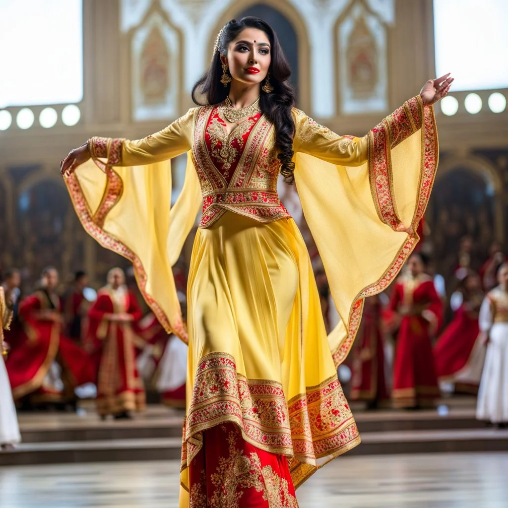 azeri female full bdy with traditional dance clothing in modern stage in a royal hall