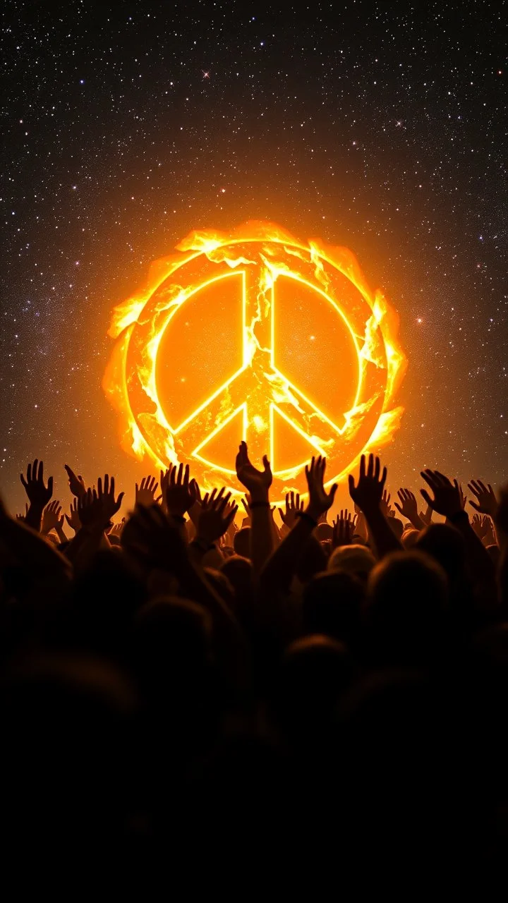 A field of random people rising hands up in a bright lighting , in the background a glowing a lot of of the universe stars and a huge circle of the peace sign with huge glowing fire’s texture