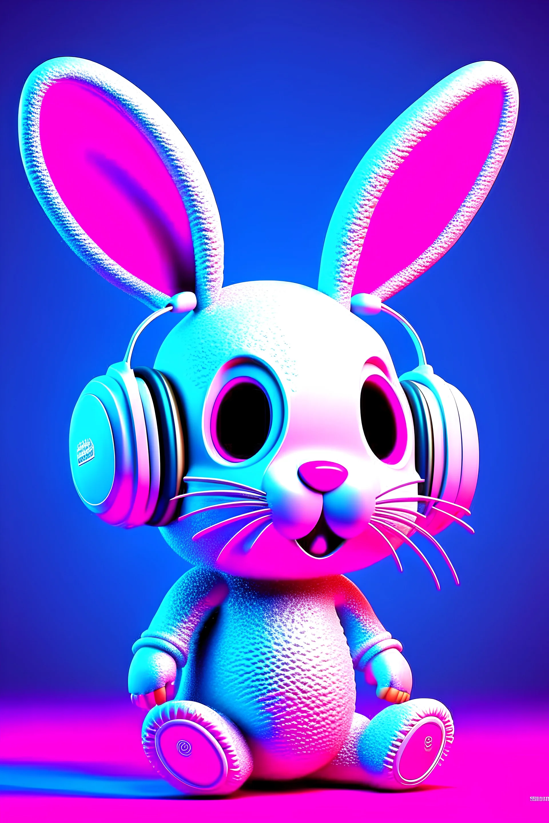 Bunny with headphones on his ears, 3D rendering by Ron English, trending on cgsociety, pop surreal, behance hd, deviantart hd, photo illustration