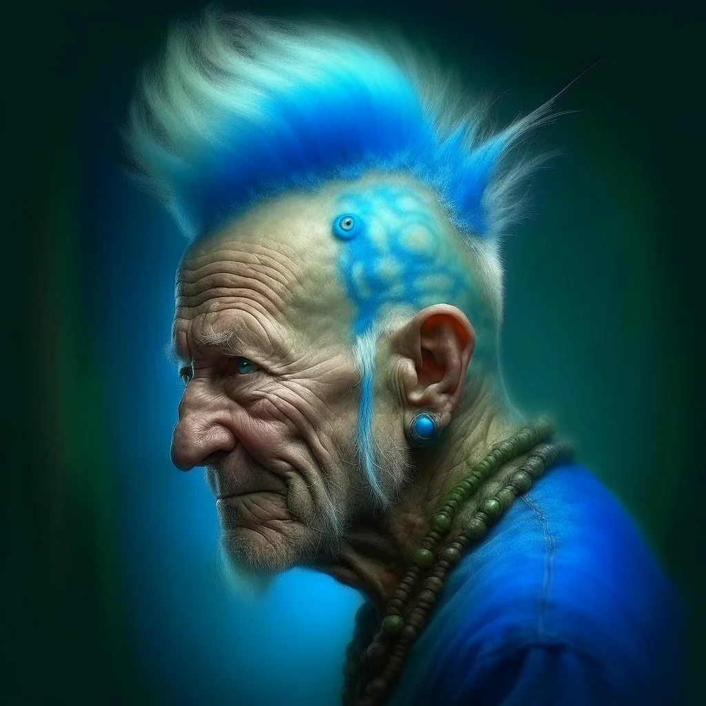 a detailed portrait of old man with a extravagant blue mohawk by edouard bisson, punk rock, oil painting, muted colors, soft lighting