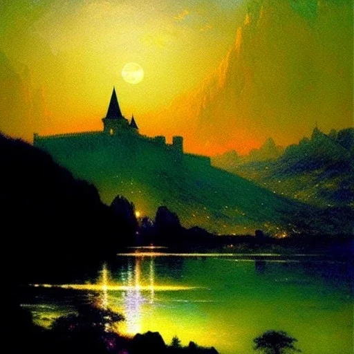 Drawing of 'Medieval Romanian Castle',mountain,lake,full moon, by gaston bussiere, greg rutkowski, yoji shinkawa, yoshitaka amano, tsutomu nihei, donato giancola, tim hildebrandt, oil on canvas, cinematic composition, extreme detail,fit full head inside picture,16k