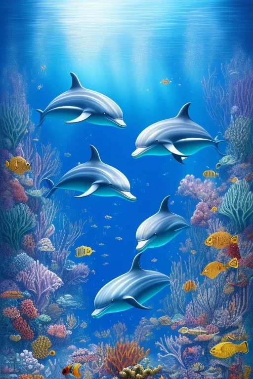 underwater, coral, a dolphin, beautiful colors, fish, very fine detail, high quality, mystical, intricate, Neo-Impressionism, soft lighting, dream like,