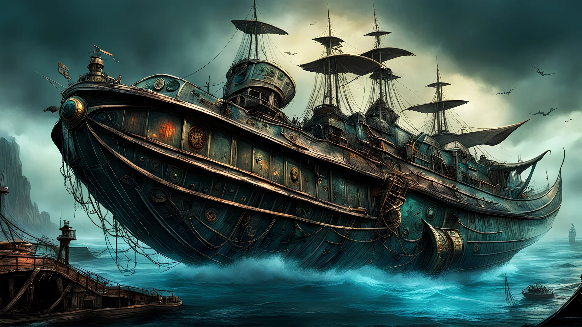 futuristic captain Nemo's ship in the style of, gore, horror, eerie, dark fantasy; HDR, UHD, TXAA, Ralph Steadman, Seb Mckinnon, impressionism, dadaism, surrealism in the style of, gore, horror, eerie, dark fantasy; HDR, UHD, TXAA, Ralph Steadman, Seb Mckinnon, impressionism, dadaism, surrealism