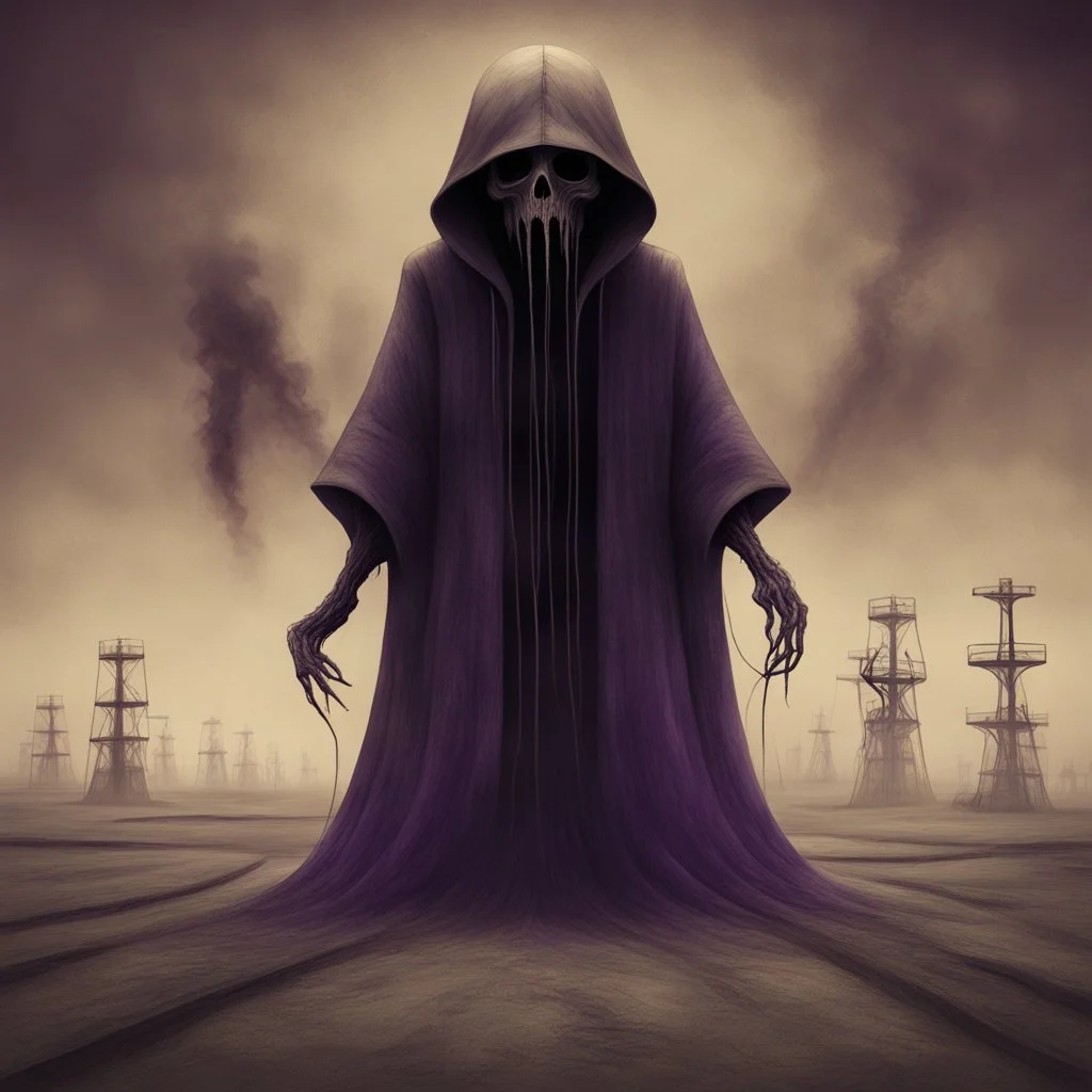 A reaper on the oilfields, toiled long And you'll toil still, by Anton Semenov, by Stephen Gammell, by Victor Pasmore, Westerngaze album cover illustration, scary sepia and purple complimentary shades, octane render, by Wes Benscoter, gritty, weird, volumetric lighting, abstract images