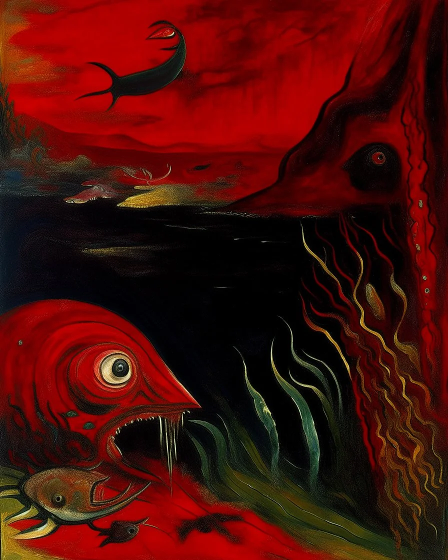 A dark red deep abyss with vampire squids painted by Paul Gauguin