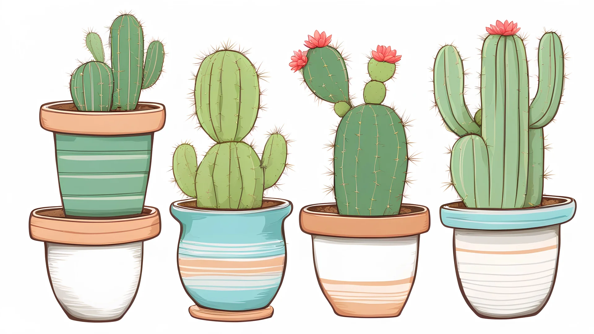 Cactus in pot in a row filled the area in style of drawing on a white background