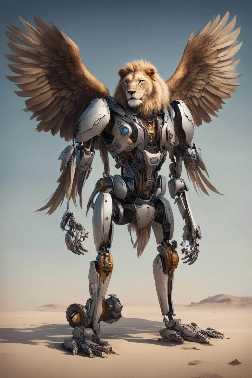 A creature with an eagle's head and a lion's body and two robotic wings