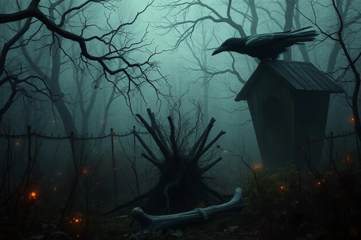 Decaying Garden, surreal, weird, dark colors, fireflies, bone, raven, etheral and thriller vibe, Anton Semenov Natalia Drepina Yoshitaka Amano LORI EARLE art style, high detail, atmospheric, dark fantasy, pale light, shadows, stunning, dark thriller mood, random background