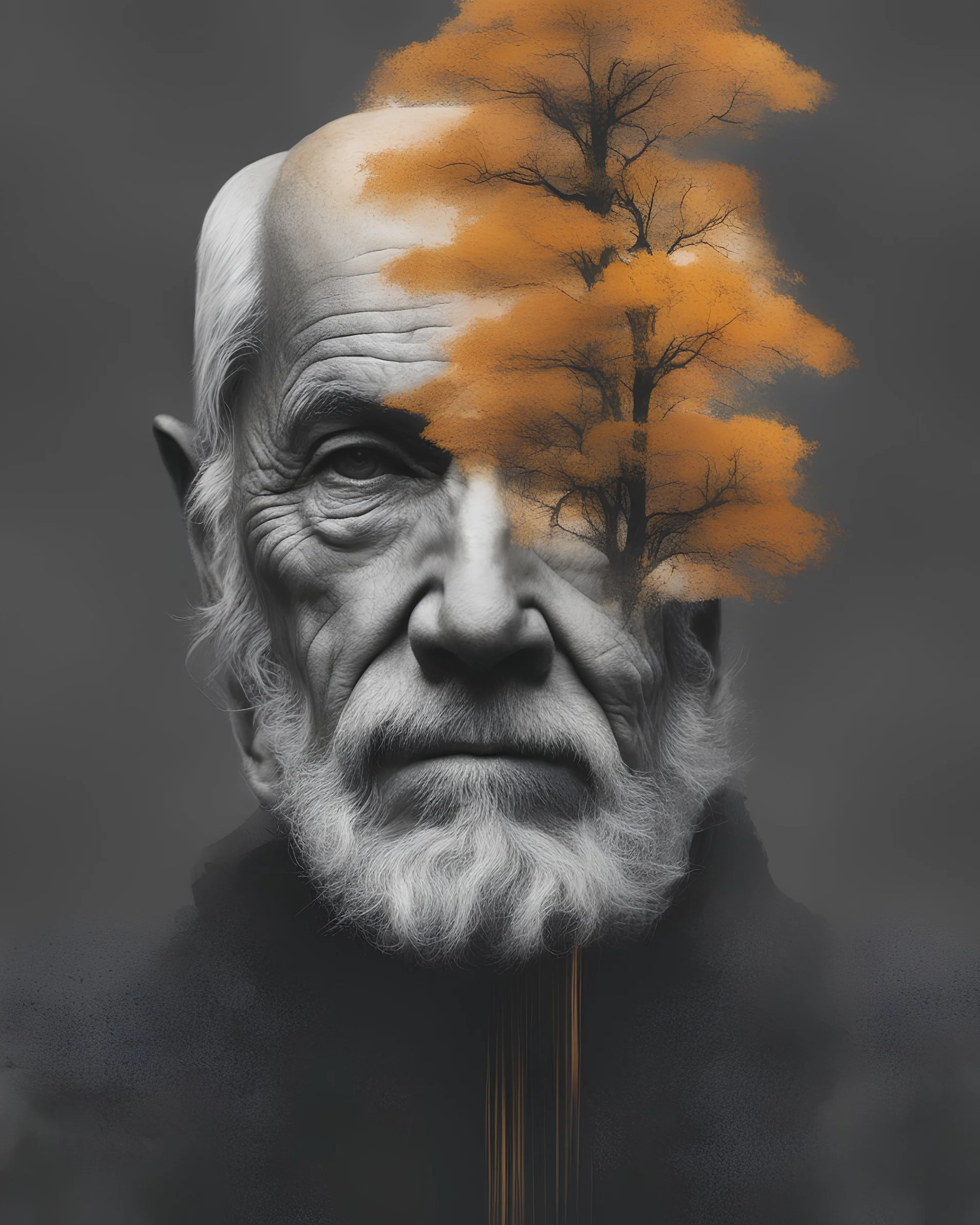 Double exposure Tree in the style of old man's distorted face portrait, dark gray and light amber, rimel neffati, sebastian errazuriz, macro perspectives, digital art wonders, primordial creatures