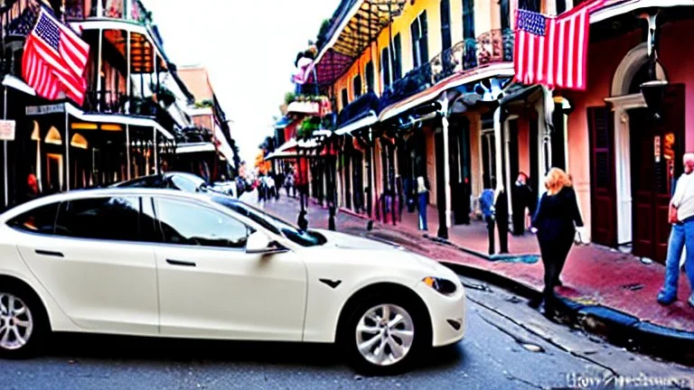 A Tesla's 'Model S Plaid' is parked, on the Bourbon Street, in New Orleans. CINEMATIC. WIDE ANGLE LENS.