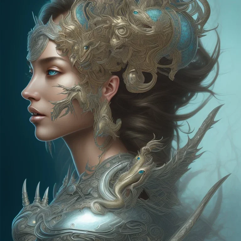 sango fantasy, fantasy magic, intricate, sharp focus, illustration, highly detailed, digital painting, concept art, matte, artgerm and paul lewin and kehinde wiley, masterpiece silver dragon head brown Asain African nice breast Afo woman turquoise waves