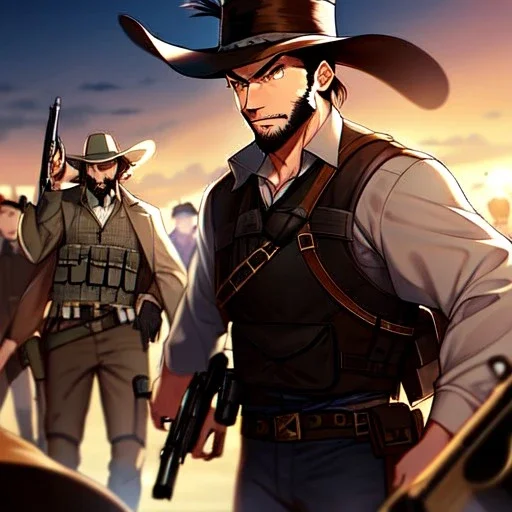 Clear Focus, High resolution, gunslinger, Bearded, short brown hair, serious eyes,