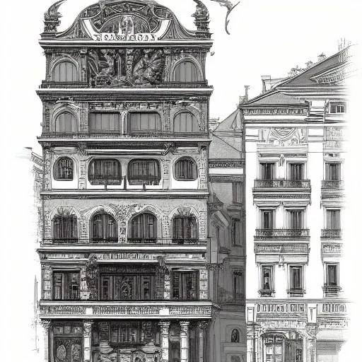 Beaux Arts architecture+detailed facades+human scalades+beautiful, liveable urban square lined with with richly detailed houses and shops, , street trees, ornamental shopfronts +uphill road+biopunk+Bueno Aires+turin+trieste+Book illustration by Gediminas Pranckevičius, Jean Baptiste Monge, Brian Kesinger, Anton fadeev, Kilian Eng, strong lines, high contrast vibrant colors, highly detailed, 16k resolution, trending on behance