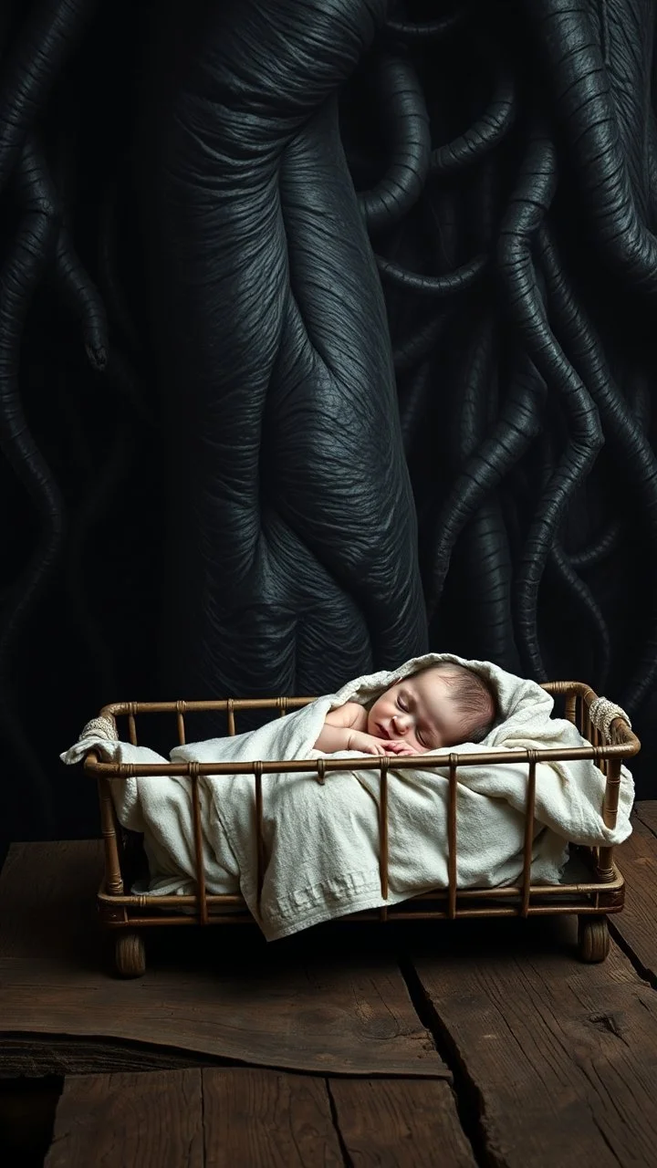 A gorilla in the background of black vein, human veins, mixing together a lot of them, like a forest, big and small veins a lot of them, a baby sleeping in a crib covers with blankets on an old broken wooden table