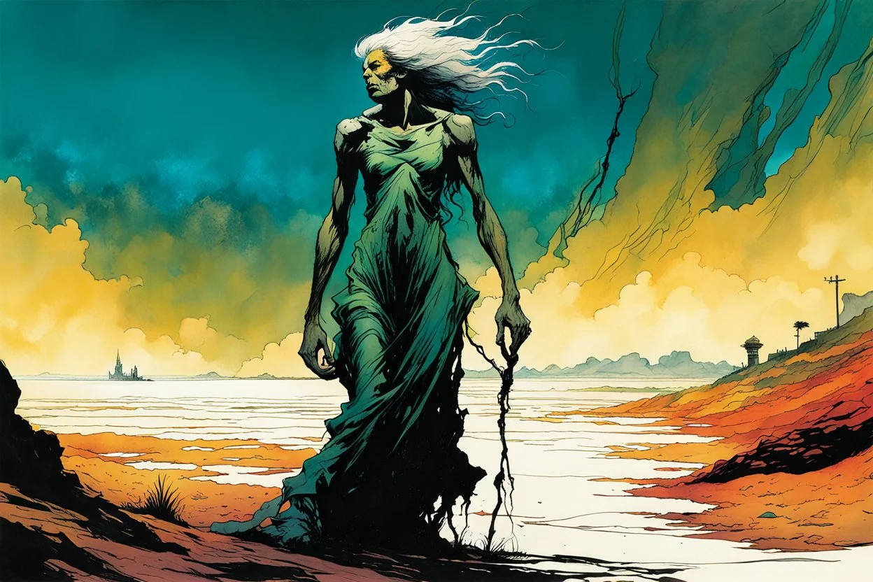 create an imaginative full body print illustration of an ethereal, otherworldly gaunt and withered ancient female Striga monster, in the comic book art style of Bill Sienkiewicz, Mike Mignola, and Jean Giraud Moebius, with highly and finely inked