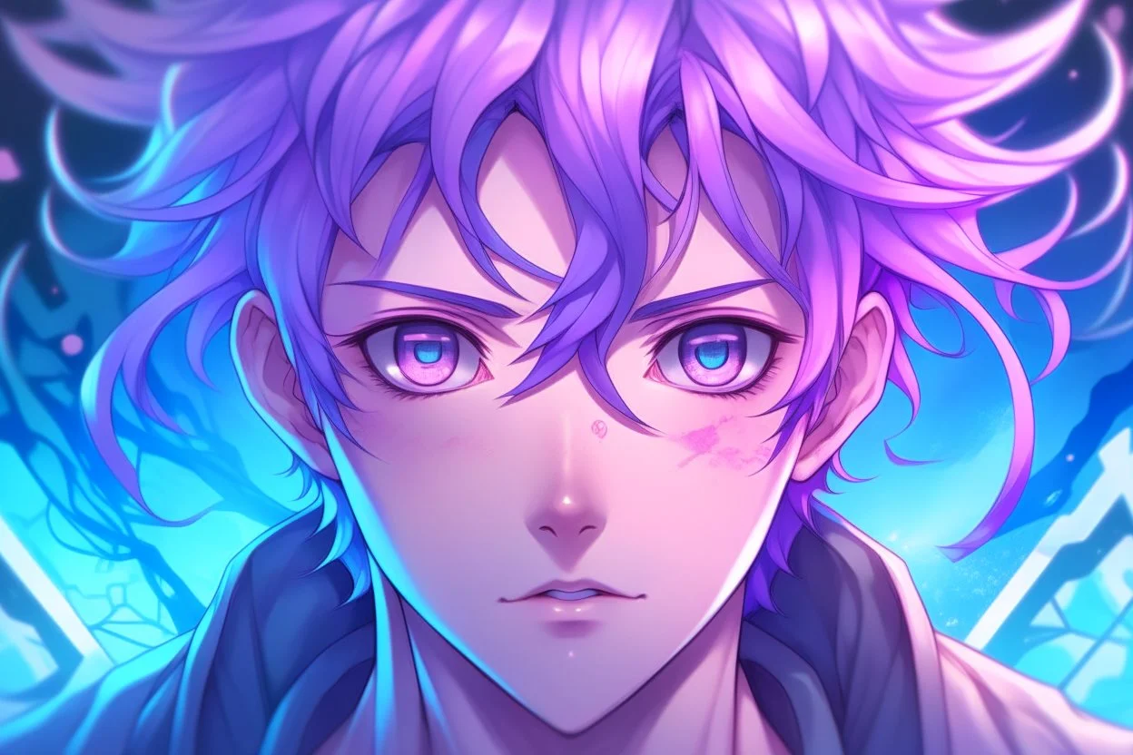 An anime man with messy short pink hair and narrow blue eyes with tentacles.