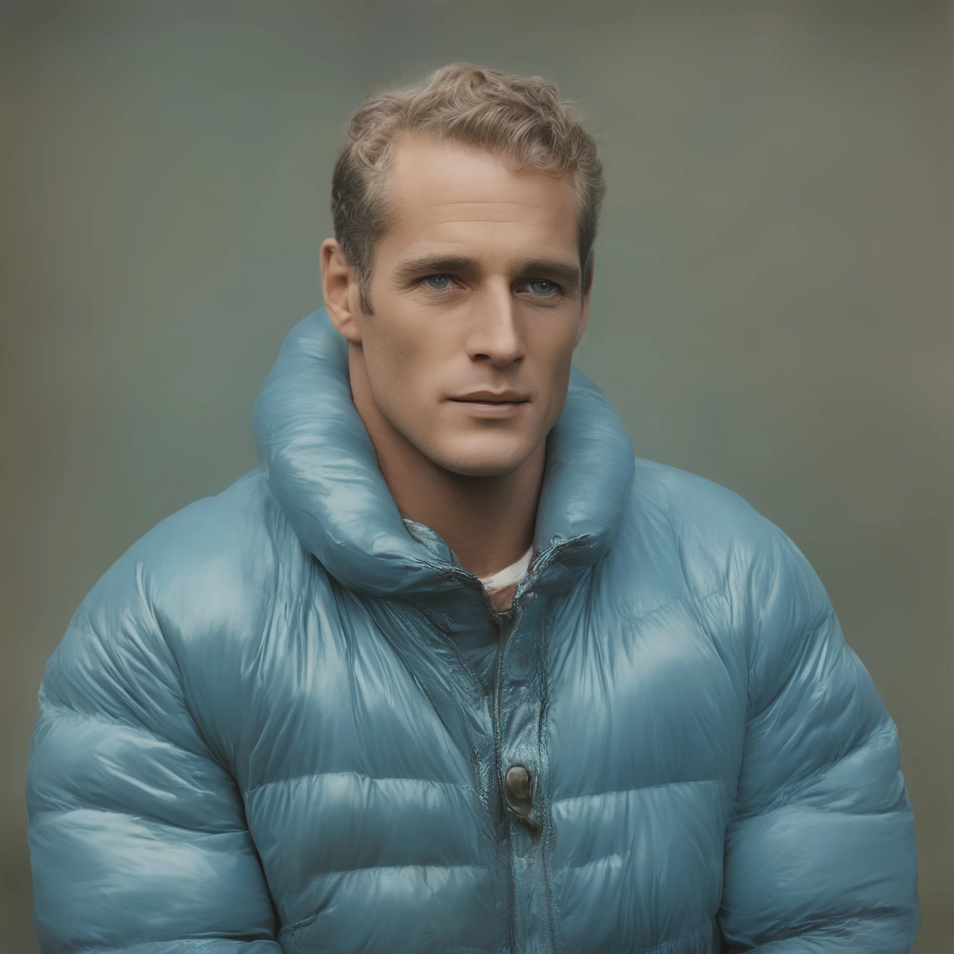 Actor paul newman, blue, autochrome, plastic puffy jacket