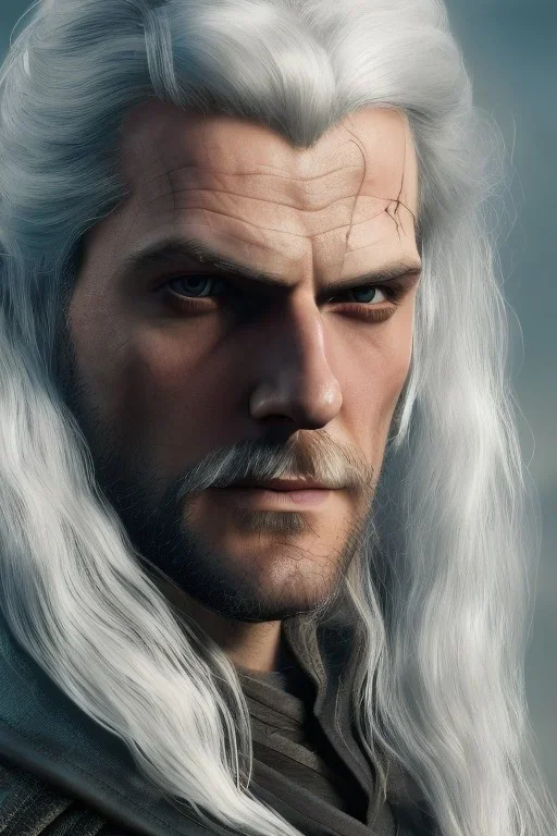 Henry cavil face, long white hair, wearing The witcher 3, realistic, 4k,