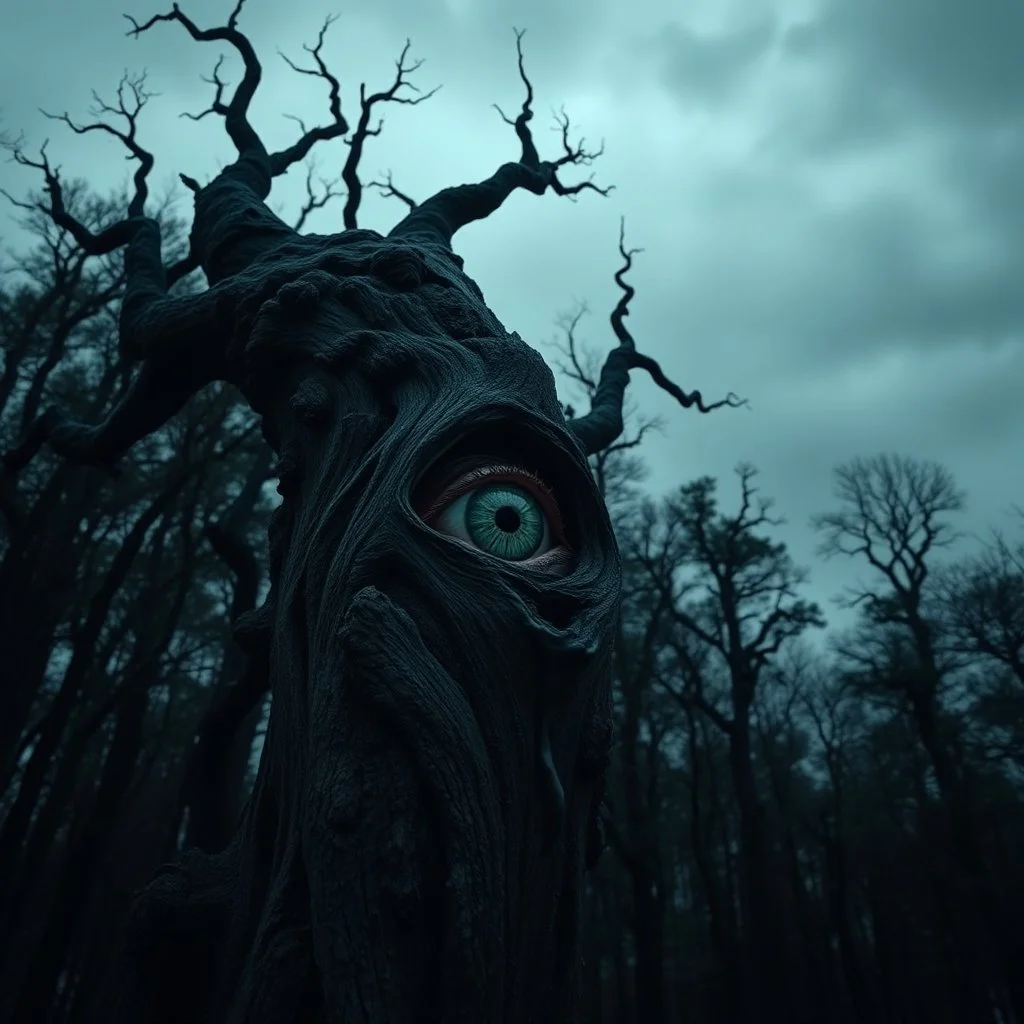 A dense, shadow-filled forest at twilight beneath a gloomy, overcast grey sky, the trees twisted and unnaturally shaped. Their bark slowly cracks open to reveal countless human eyes peering out, blinking silently. Camera zooms in closely on a single, large eye embedded deeply into the trunk, its gaze fixating intensely on the viewer as thin veins pulse and dark fluid begins seeping gently down the bark.