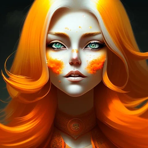 fantasy setting, woman, orange and white hair, wavy hair, freckles, ranger, more orange hair, more white hair