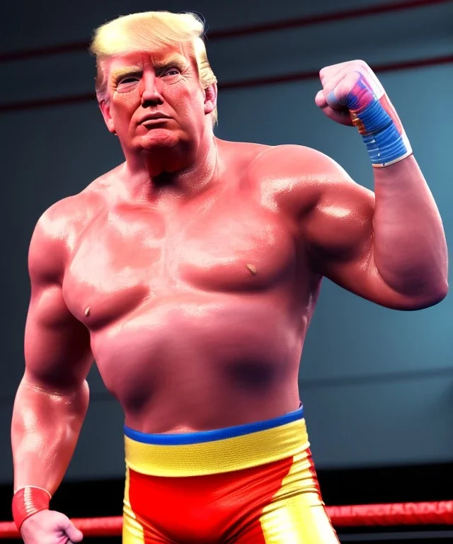 Realistic image of Donald trump wrestler, Mexican wrestling, glow mask makeup, red and blue breeches, suspenders, retro style, 80s, red, gold, vibrant color, highly detailed, clean background, concept art, unreal engine 5, god rays, ray tracing, RTX, lumen lighting, ultra detail, volumetric lighting, 3d, finely drawn, high definition, high resolution.