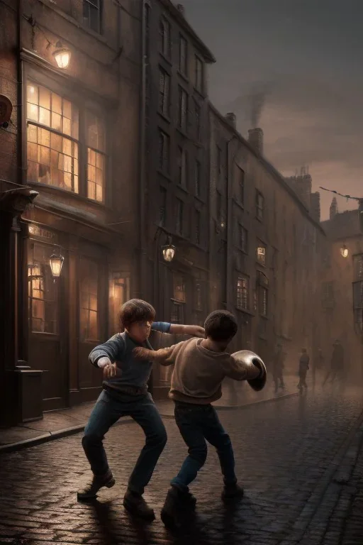 photorealistic painting of young boy fighting old boy, industrial era, night time, people in background, diagon alley