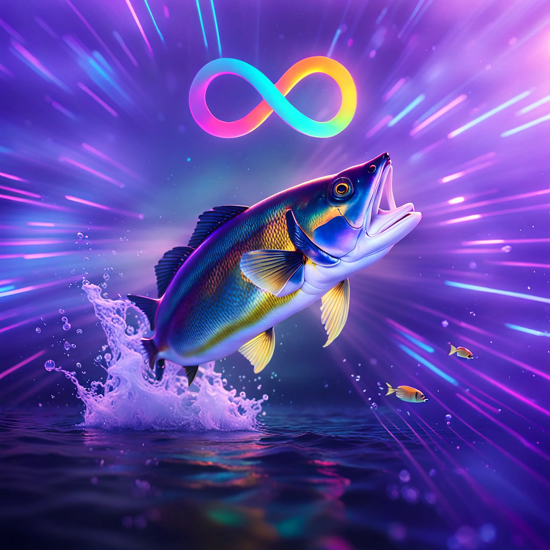 infinity symbol ∞ with vibrant powerful fish jumping out of the water, striking, neon, chiaroscuro, dramatic, captivating, powerful, fantasy, beautiful, octane render, 16k post-production, artstation: award-winning: atmospheric: commanding: fantastical: clarity: ultra quality: striking: brilliance: stunning colors: amazing depth; lens: f/11, 35mm