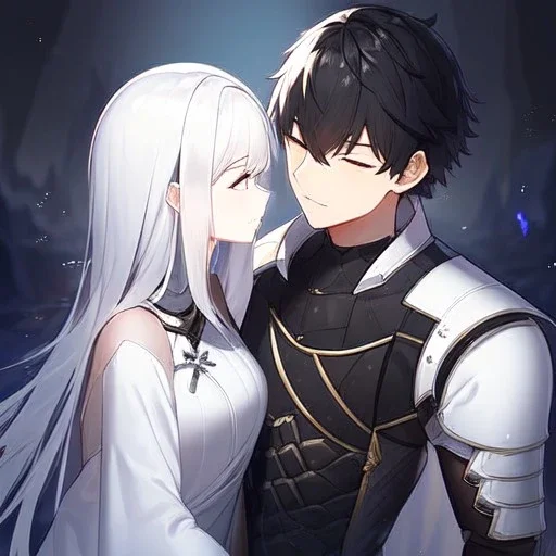 Girl with white hair wearing white robes. Boy with black hair wearing leather armor