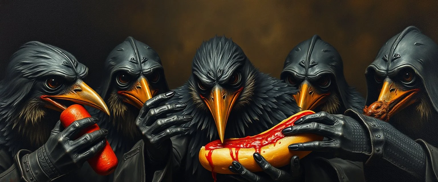 master oil painting by Rembrandt, good afternoon bitch scary blood sparrow, the most dreaded sparrow, close up, in dark blood bath, blood dripping, evil big eyes, scary clothes, like a count, he is eating a hot dog with a bunch of dark knights