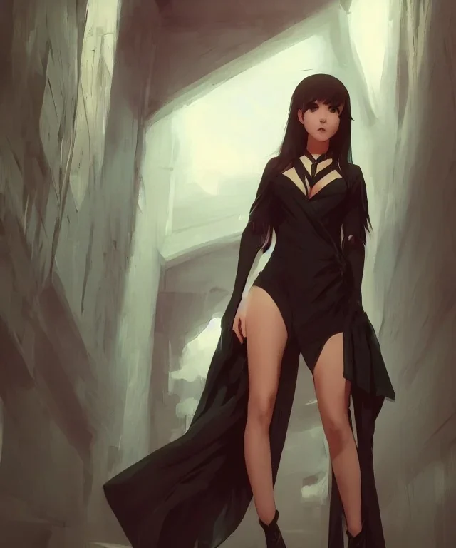 Insane pretty young woman short black dressed. by wlop, ilya kuvshinov, krenz cushart, greg rutkowski, pixiv, sarah j. maas book cover style magician at the end of a corridor, smooth, sharp focus, d & d style, artstation, 4 k, hdr