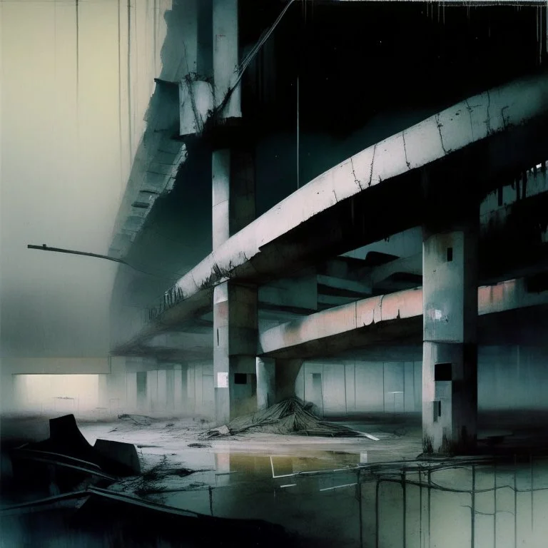 Contemporary abstract painting of Lebbeus Woods concrete carpark in a wasteland. Hazy foggy night sky. Concrete ground. Exposed twisted concrete and pipes. Style Justin Mortimer and Francis Bacon. Close up