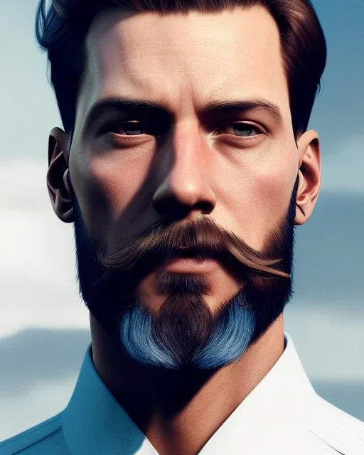 Handsome human male, aviator, educated man, trimmed beard, blue eyes, slick blonde hair, full-scale head and shoulders portrait, concept art portrait by Greg Rutkowski, WLOP, Alphonse Mucha dynamic lighting hyperdetailed intricately detailed Splash, volumetric lighting fantasy