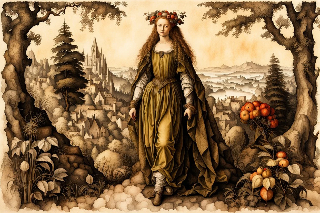 a Flemish Renaissance era full body ink wash and watercolor illustration of a young, otherworldly, raggedly dressed, seductive, dryad , highly detailed hair and facial features, in the style of Pieter Brueghel, Jan van Eyck, and Hieronymus Bosch, aged canvas, antique craquelure finish, archaic museum quality masterpiece, 4k