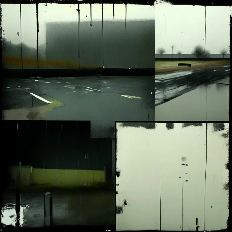 Minimal abstract oil paintings desolate 1960s carpark concrete fragments in a rain storm. style of Justin Mortimer and Francis Bacon. road markings.