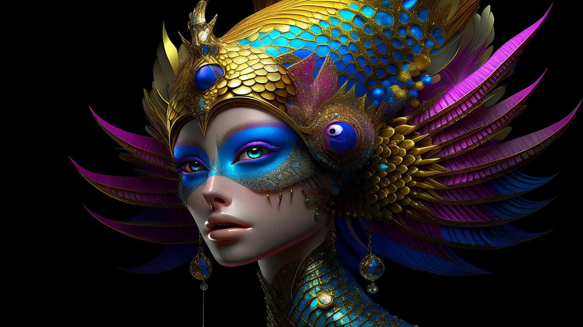 A seductive and opulently adorned fish-like alien queen, she exudes elegance and charm amidst her aquatic surroundings: shiny, pearl-like scales in shades of opalescent pink and gold, graceful yet fluid fins, and hauntingly mesmerizing eyes that exude a mysterious allure. . This striking image is a digitally rendered portrait, displaying intricate details and vivid colors that really pop off the screen.