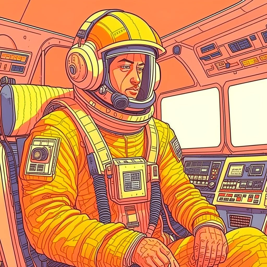 Moebius style scifi pilot with headphones, pilot helmet and exosuit sitting in a starship cockpit with solid colors with a desert and dusty station in the background