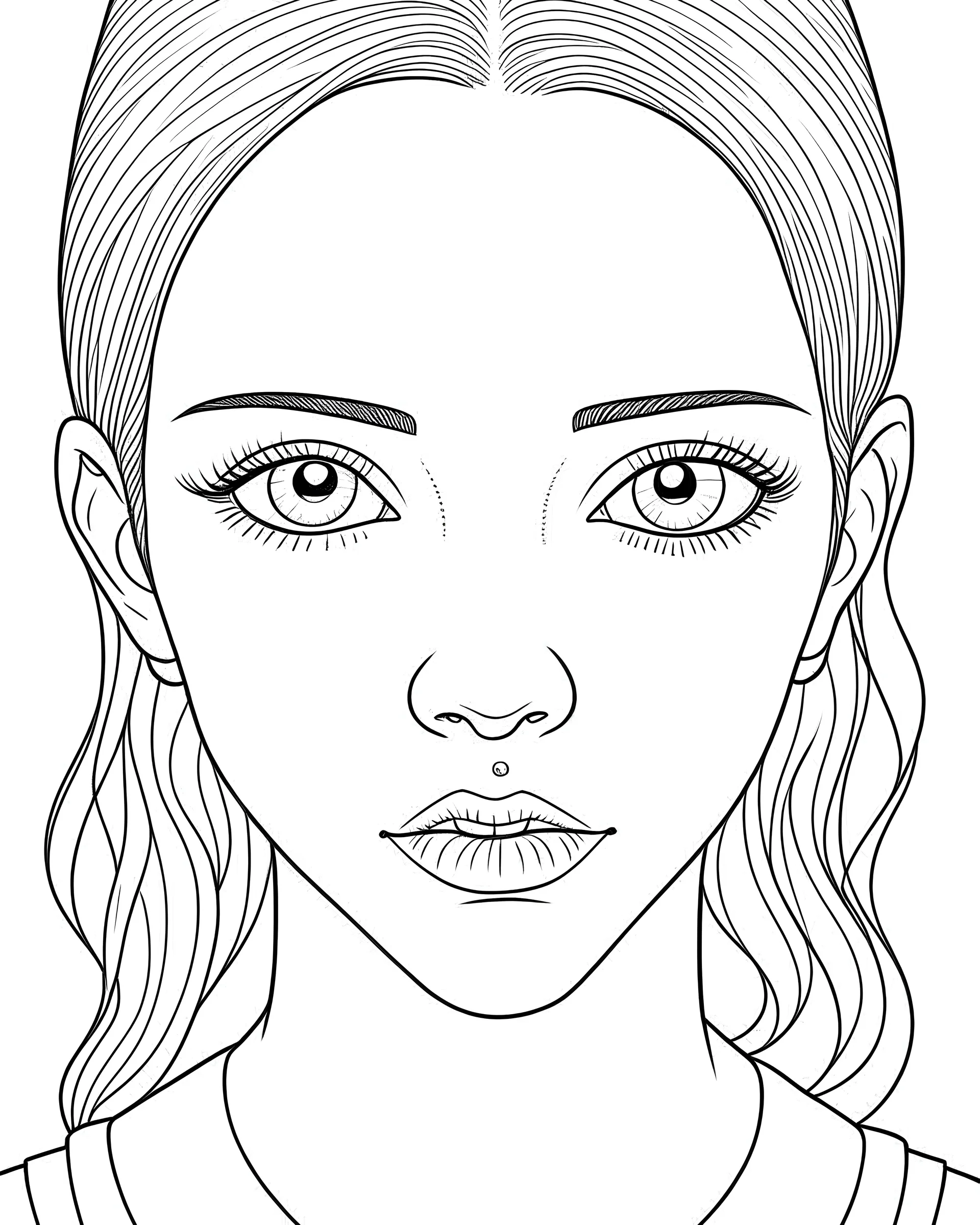 kawaii, full view, realistic face, coloring page, only draw lines, coloring book, clean line art, –no sketch, color, –ar 3:4, white background, minimalistic black lines, minimal black color, low level black colors, coloring page, avoid thick black colors, thin black line art, avoid colors, perfect shape, perfect clear lines,