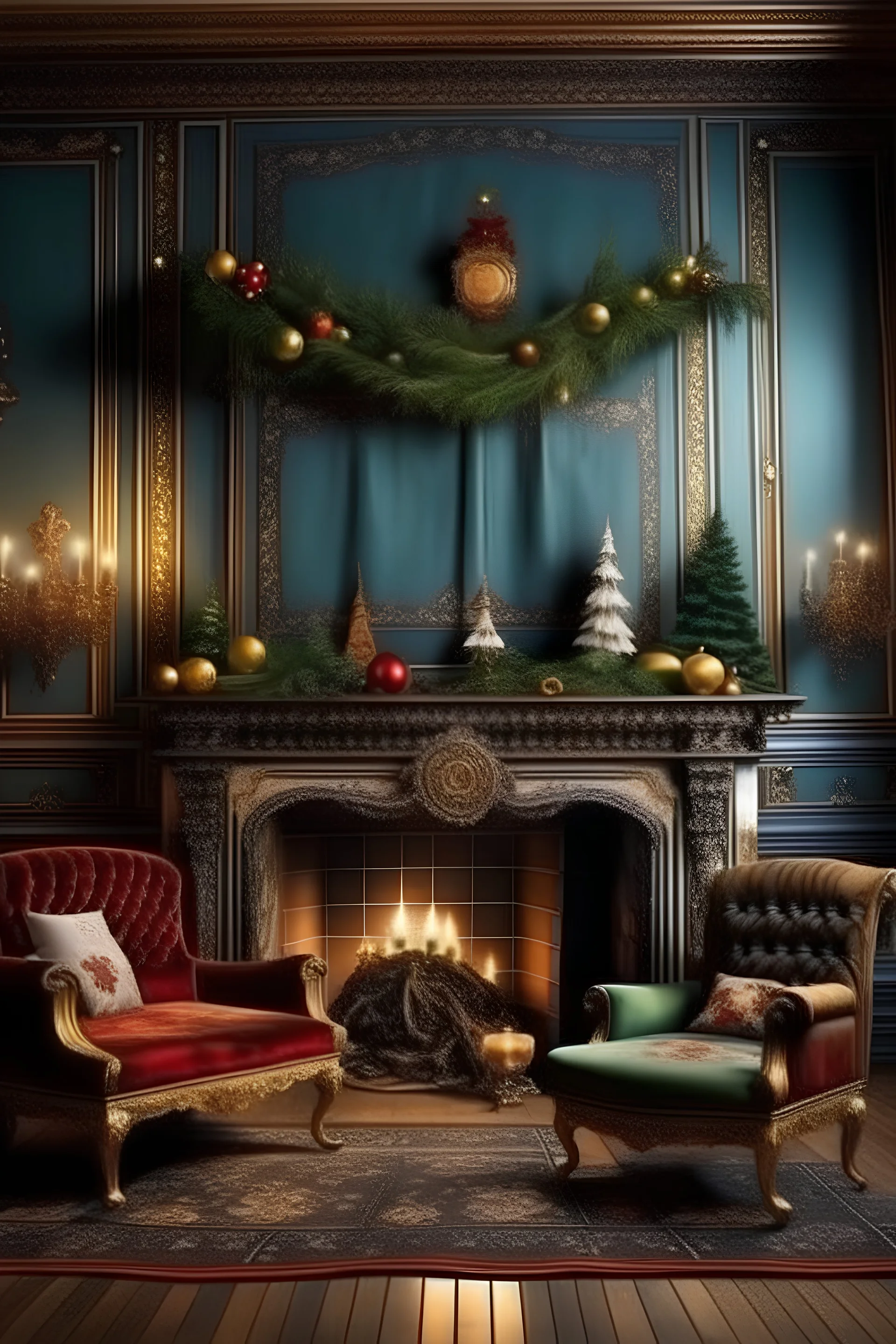 Christmas backdrop, Victorian style, fireplace, couch, presents, hyper realistic