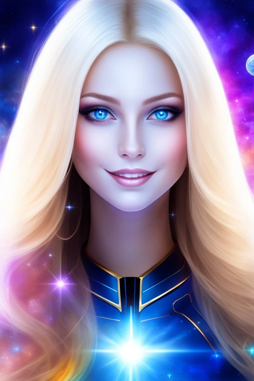 cosmic woman smile, admiral from the future, galactic confédération, fine whole face, crystalline skin, expressive blue eyes,rainbow, smiling lips, very nice smile, costume pleiadian, Beautiful tall woman pleiadian Galactic commander, ship, perfect datailed golden galactic suit, high rank, long blond hair, hand whit five perfect detailed finger, amazing big blue eyes, smilling mouth, high drfinition lips, cosmic happiness, bright colors, blue, pink, gold, jewels, realist, high,rainbows