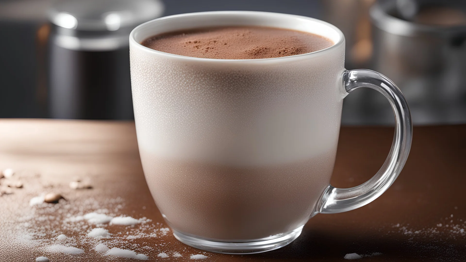 <lora:SDXLFrosted:1> FrostedStyle Highly detailed Dynamic shot of a transparent frosted glass mug of hot chocolate, extremely detailed,