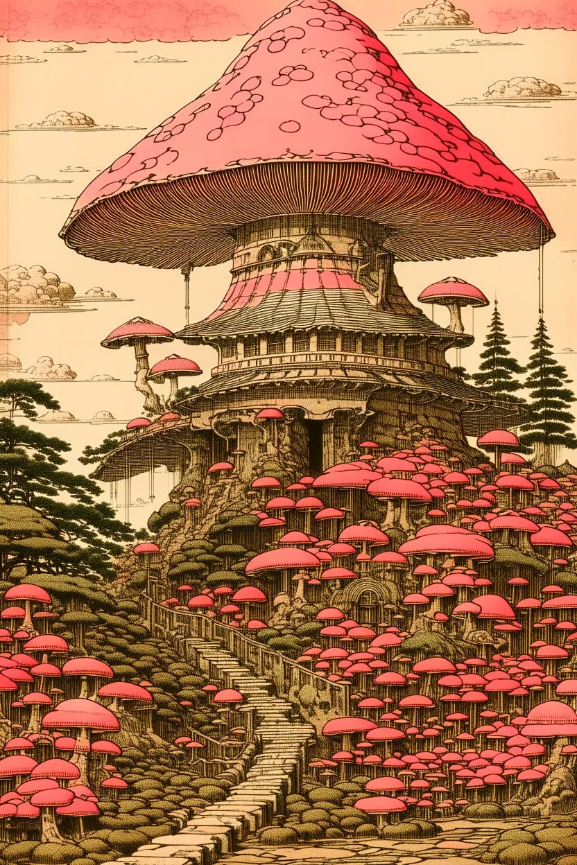 A pink castle with mushrooms painted by Utagawa Hiroshige